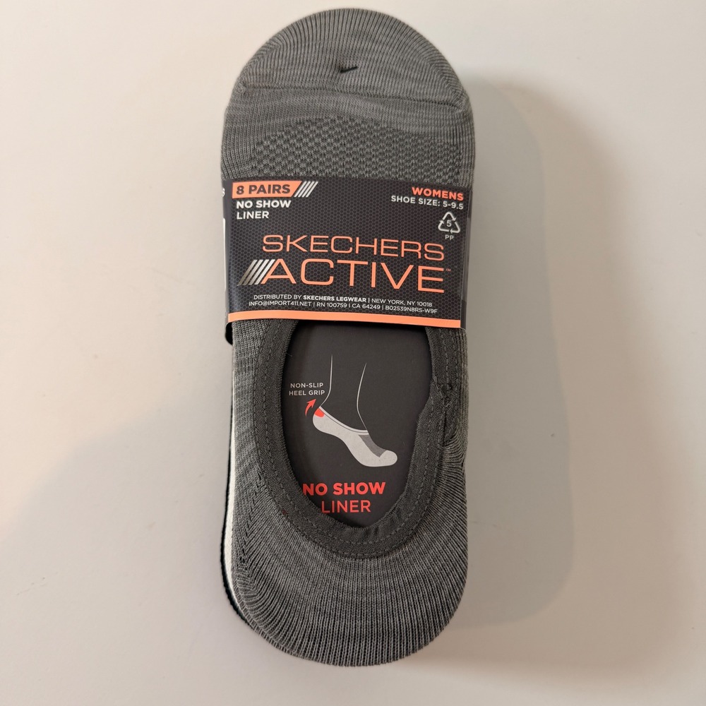 Skechers Active Womens No Show Liner Socks 8 Pairs Non Slip Heel Grip 5-9.5
